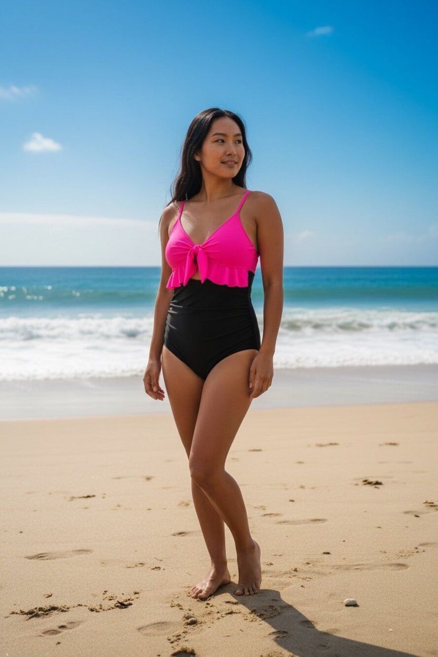 Women’s OnePiece Hot Pink and Black Skinsuit Size M